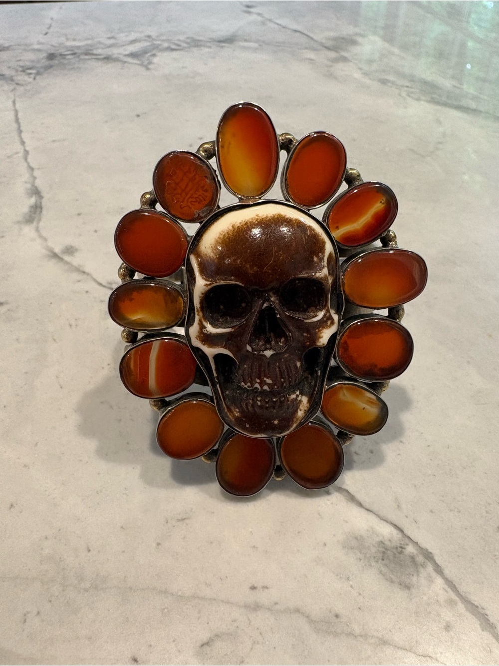 🖤 VINTAGE Persian Carnelian Seal & XL Resin Skull Statement Wire Cuff Bracelet
